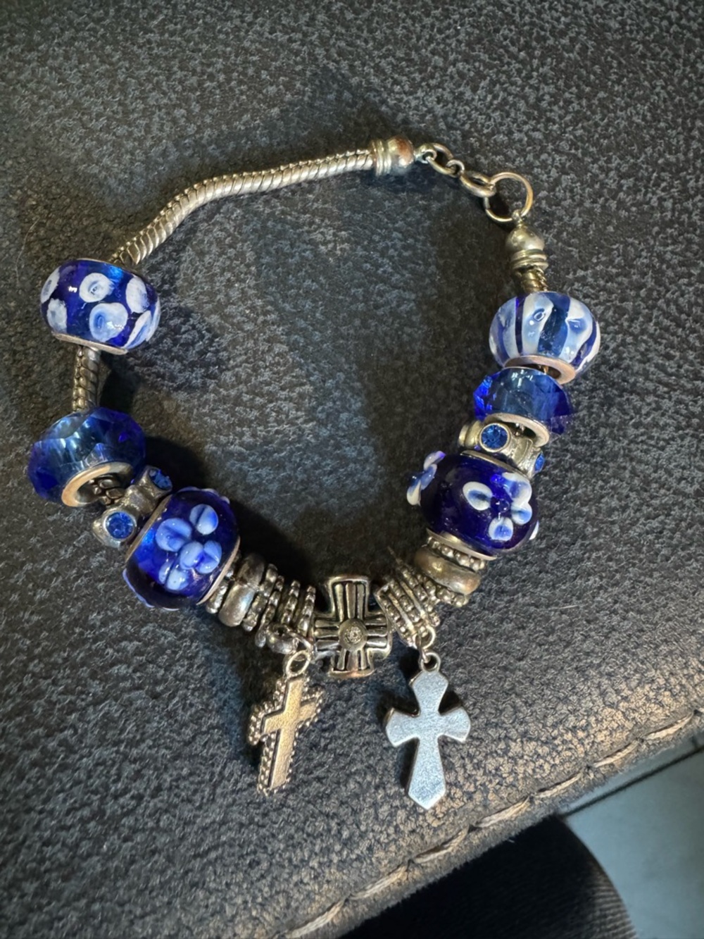 Blue Floral Glass Bead Charm Bracelet with Cross Charms